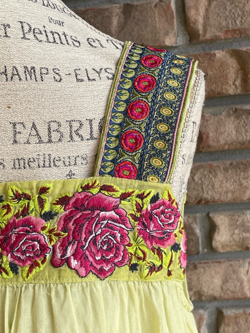 Johnny Was Boho Yellow/Green Tank with Pink Floral Embroidery - Picture 2 of 8